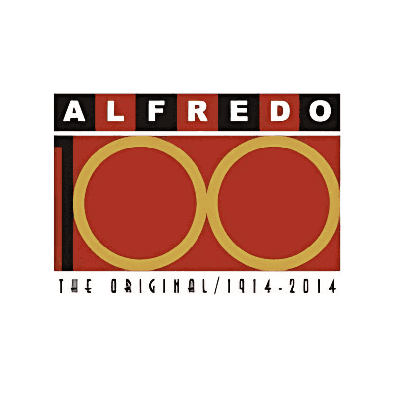 Alfredo 100th anniversary celebration logo with bold text and yellow intertwined rings.