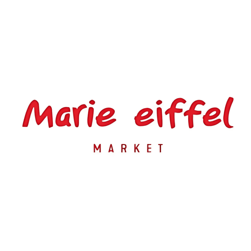 Marie Eiffel Market logo with red text on white background, representing a gourmet food market specializing in French-inspired products and upscale catering services.